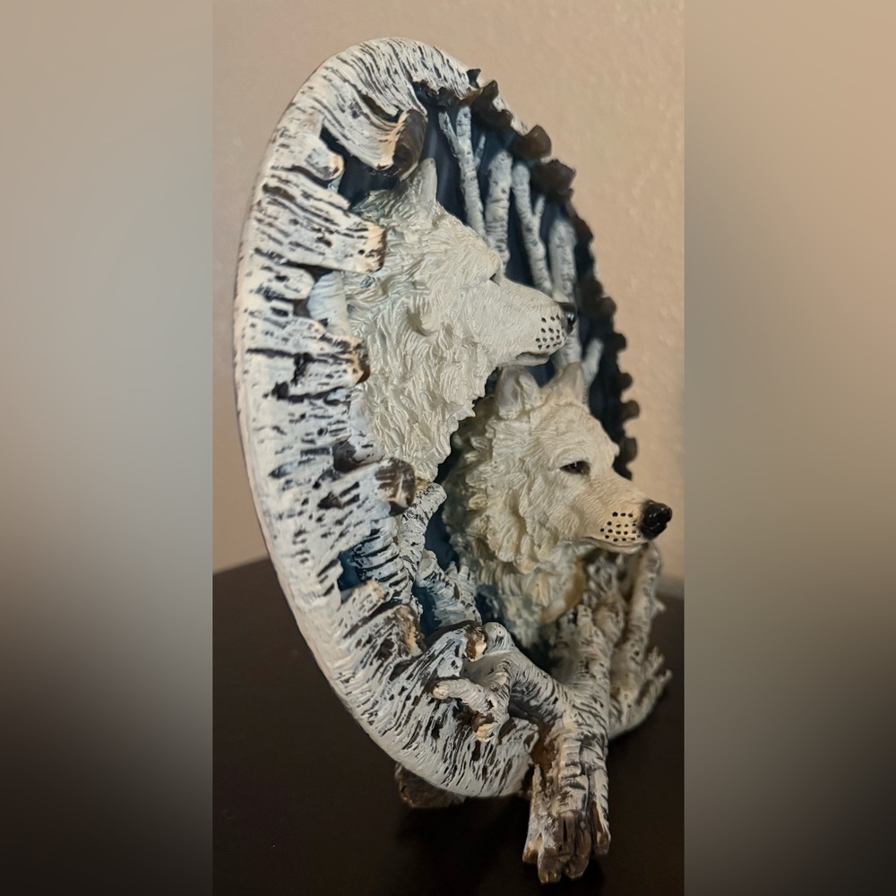 Vintage 3D Wolf Decorative Plate Sculpture | Birch Forest Wolves Wall Art | 8” - Picture 3 of 6
